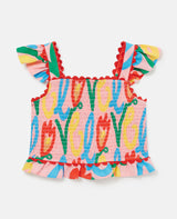 Girl Sleeveless Love Print Top with Frills