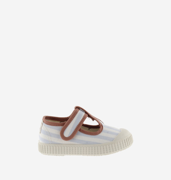 Canvas T-Strap | Blue Stripe With Brown