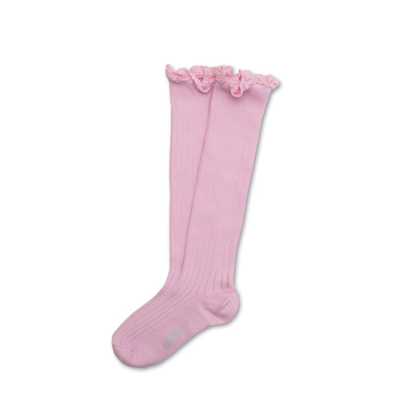 Joséphine Lace Trim Ribbed Knee-high Socks | Sugared Almond Rose