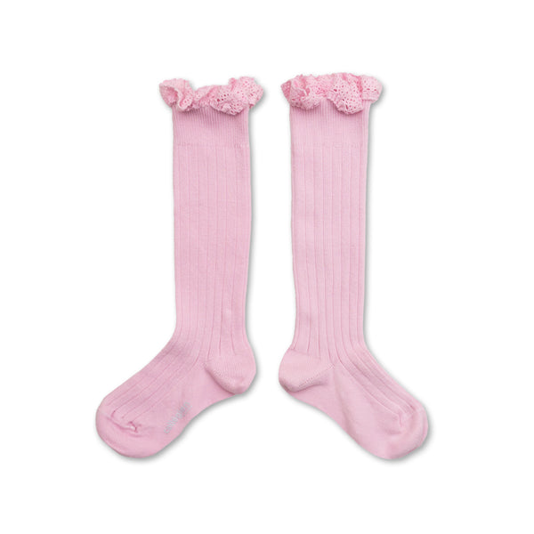 Joséphine Lace Trim Ribbed Knee-high Socks | Sugared Almond Rose