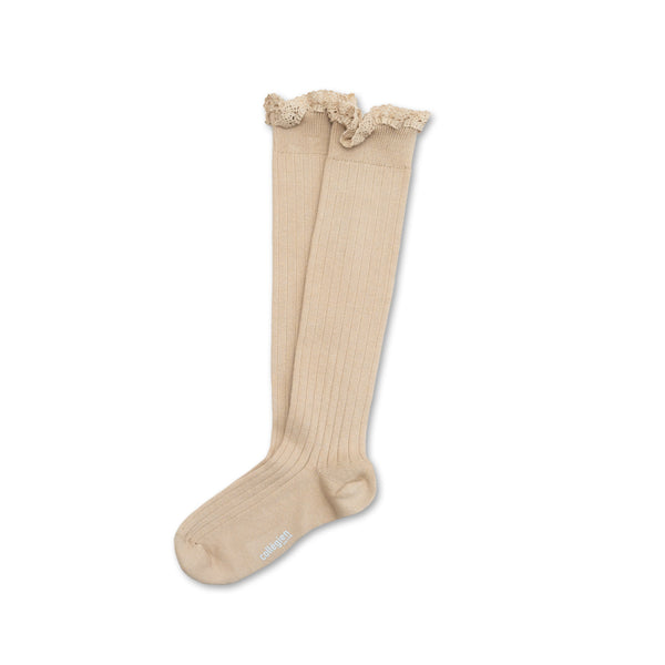 Joséphine Lace Trim Ribbed Knee-high Socks | Sable