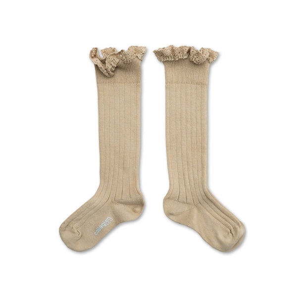 Joséphine Lace Trim Ribbed Knee-high Socks | Sable