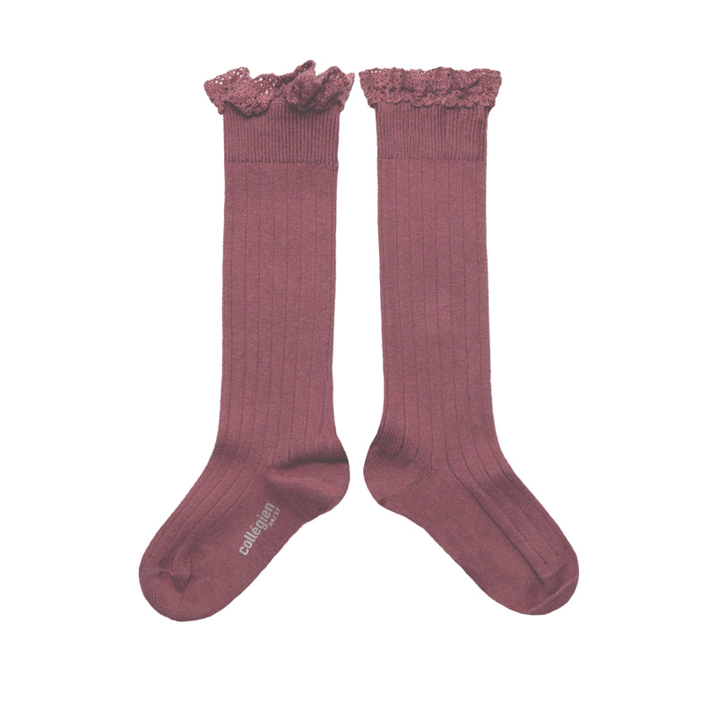 Joséphine Lace Trim Ribbed Knee-high Socks | Raisin Rose