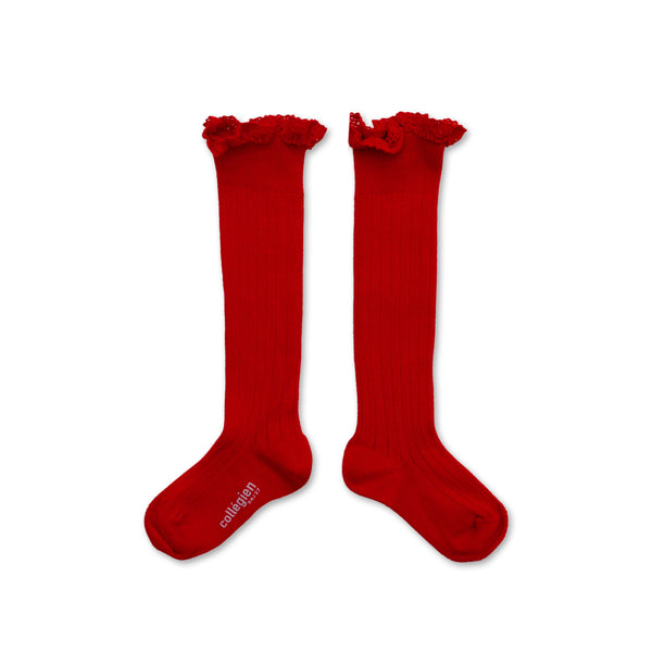 Joséphine Lace Trim Ribbed Knee-high Socks | Poppy