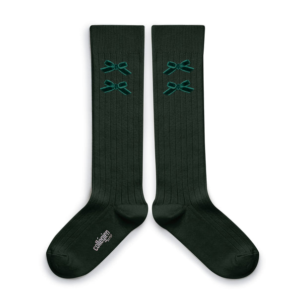 Hortense Ribbed Knee-high Socks with Velvel Bows | Forest Green