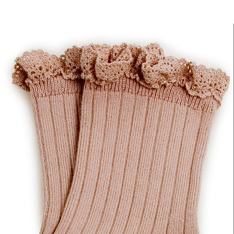 Lili Lace Trim Ribbed Ankle Socks | Vieux Rose