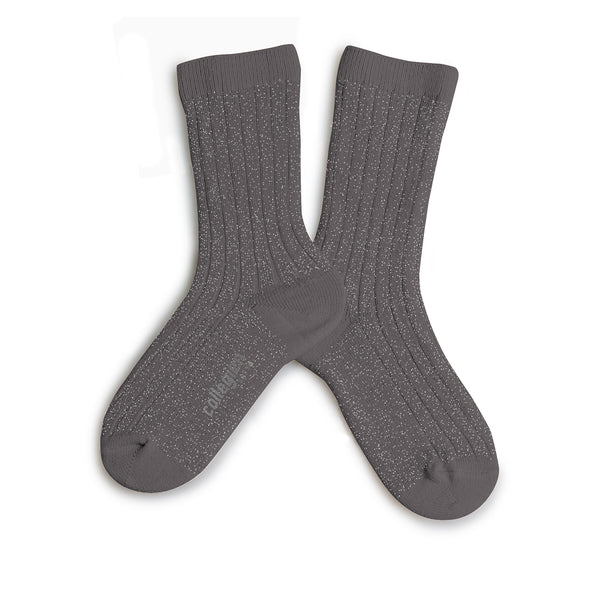 Adult Victoire Glitter Ribbed Crew Socks | Pebble Gray