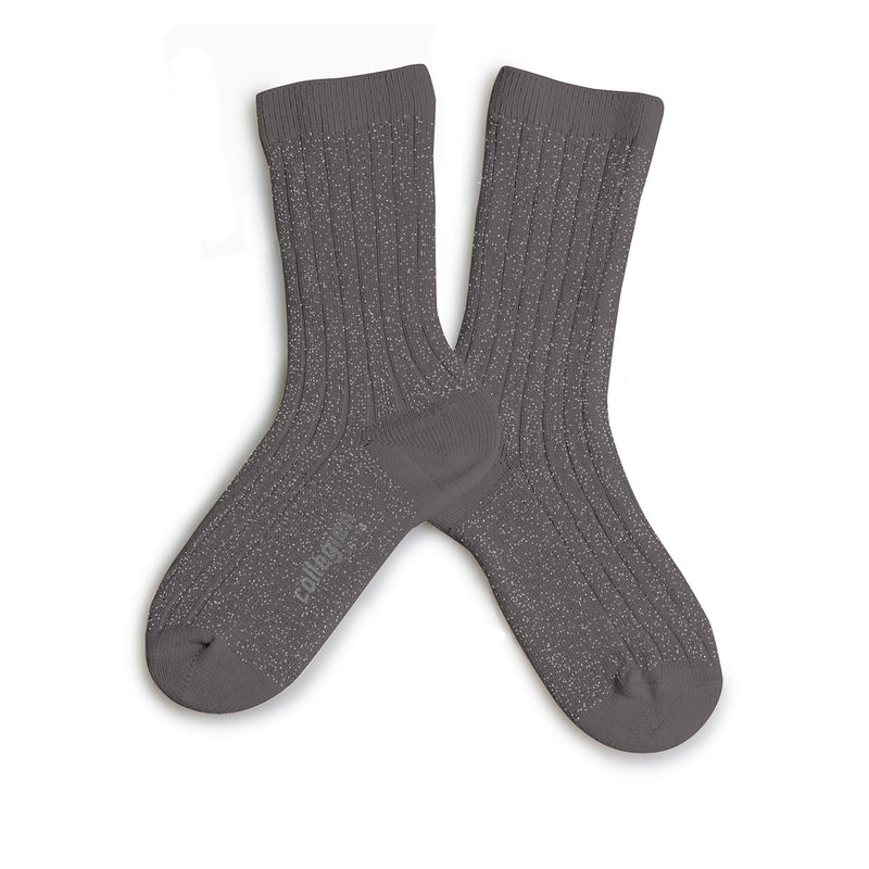 Adult Victoire Glitter Ribbed Crew Socks | Pebble Gray