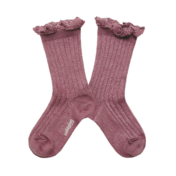 Victorine Glitter Ribbed Crew Socks with Lace Trim | Raisin Rose