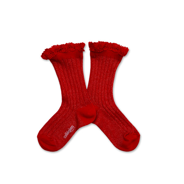 Victorine Glitter Ribbed Crew Socks with Lace Trim | Poppy