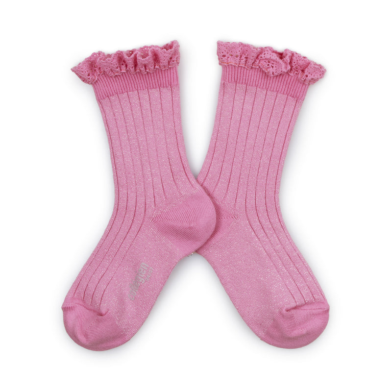 Victorine Glitter Socks w. Lace Trim | Candy Pink