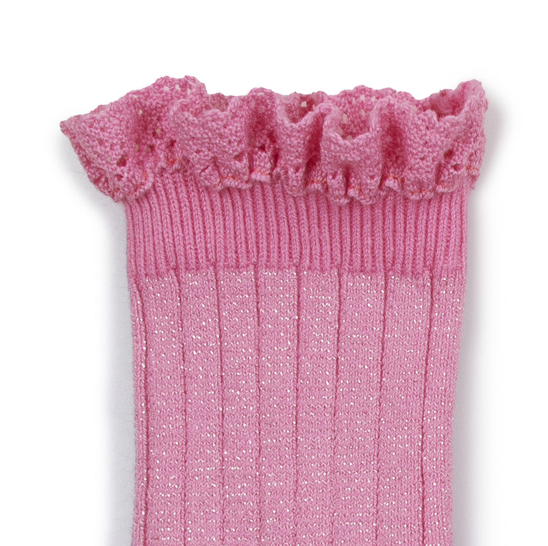 Victorine Glitter Socks w. Lace Trim | Candy Pink
