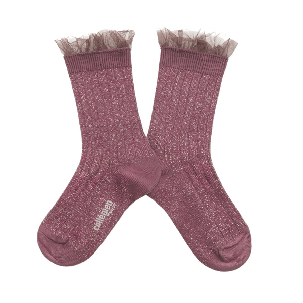 Adult Alizée Glitter Ribbed Crew Socks with Tulle Trim | Raisin Rose