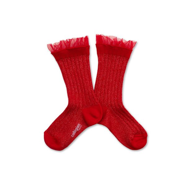 Adult Alizée Glitter Ribbed Crew Socks with Tulle Trim | Poppy
