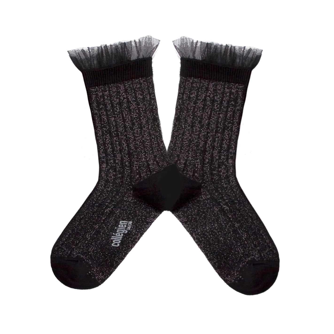 Alizée Glitter Ribbed Crew Socks with Tulle Trim | Carbon Black ...