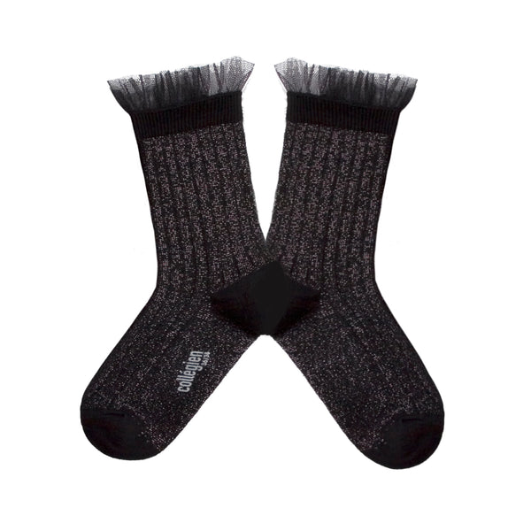 Adult Alizée Glitter Ribbed Crew Socks with Tulle Trim | Carbon Black