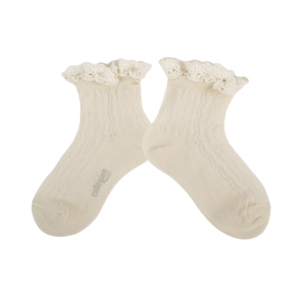Annette Lightweight Pointelle Socks w. Lace Frill | Cream