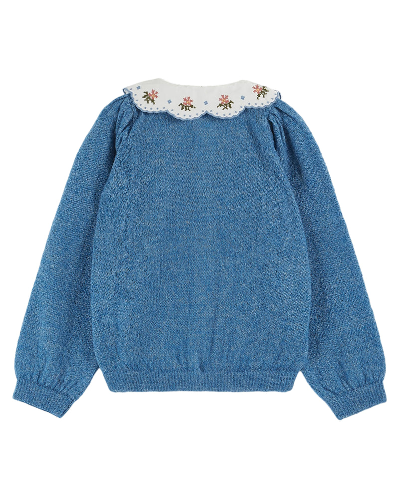 Plain Cardigan w. Embroidered Collar | Blue