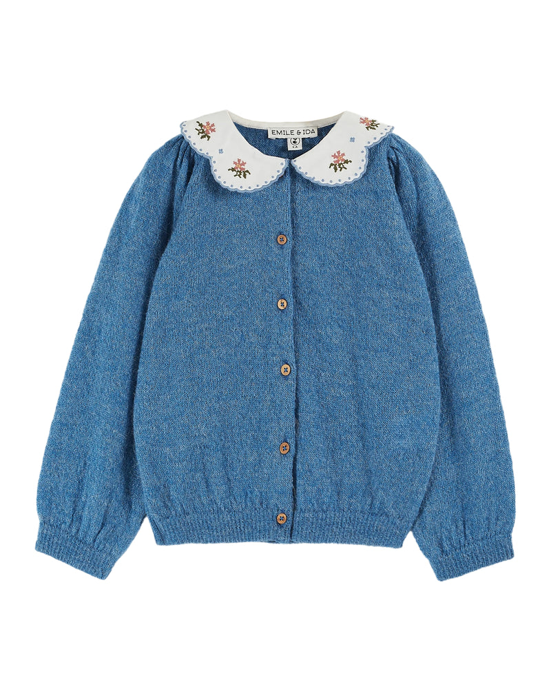 Plain Cardigan w. Embroidered Collar | Blue