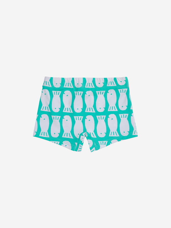 Baby Lucky Fish all over square cut swim shorts | Light Green