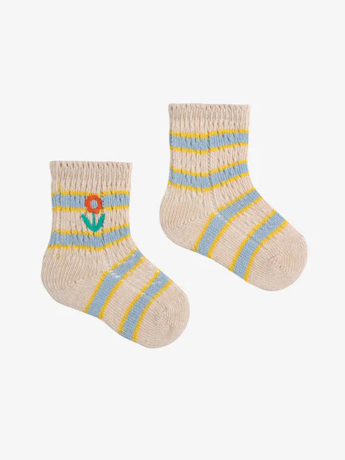 Baby Flower Stripes short socks | Light Blue