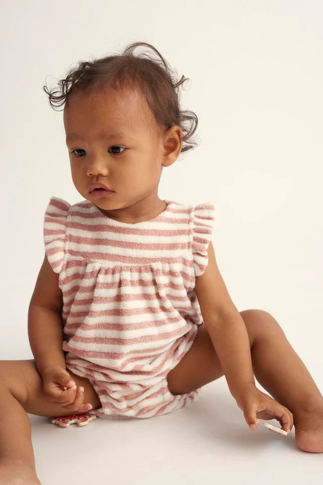 Baby Organic Striped Toweling Romper | Rose