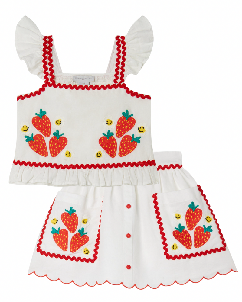 Girl Strawberry Flower Print Top and Skirt Set | White