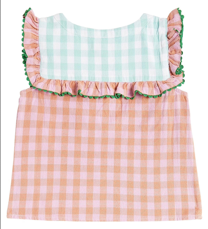 Sleeveless Check Top With Sunflower Embroidery