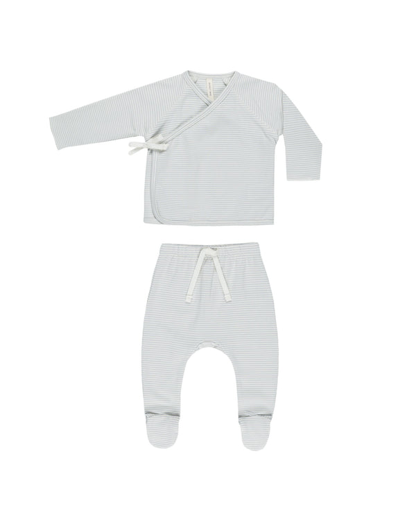 Wrap Top + Footed Pant Set | Sky Micro Stripe