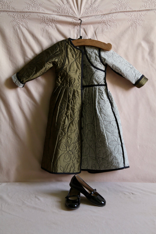 Dress Coat | Kaki Taffeta / Black Organic Voile Piping