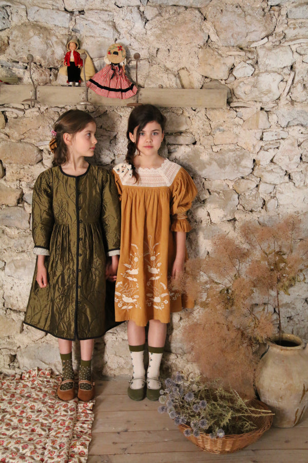 Dress Coat | Kaki Taffeta / Black Organic Voile Piping