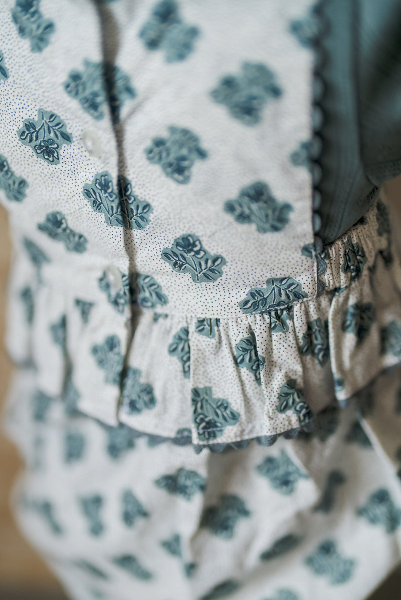 Frilly Bridget Romper | Hollyhock Floral Teal