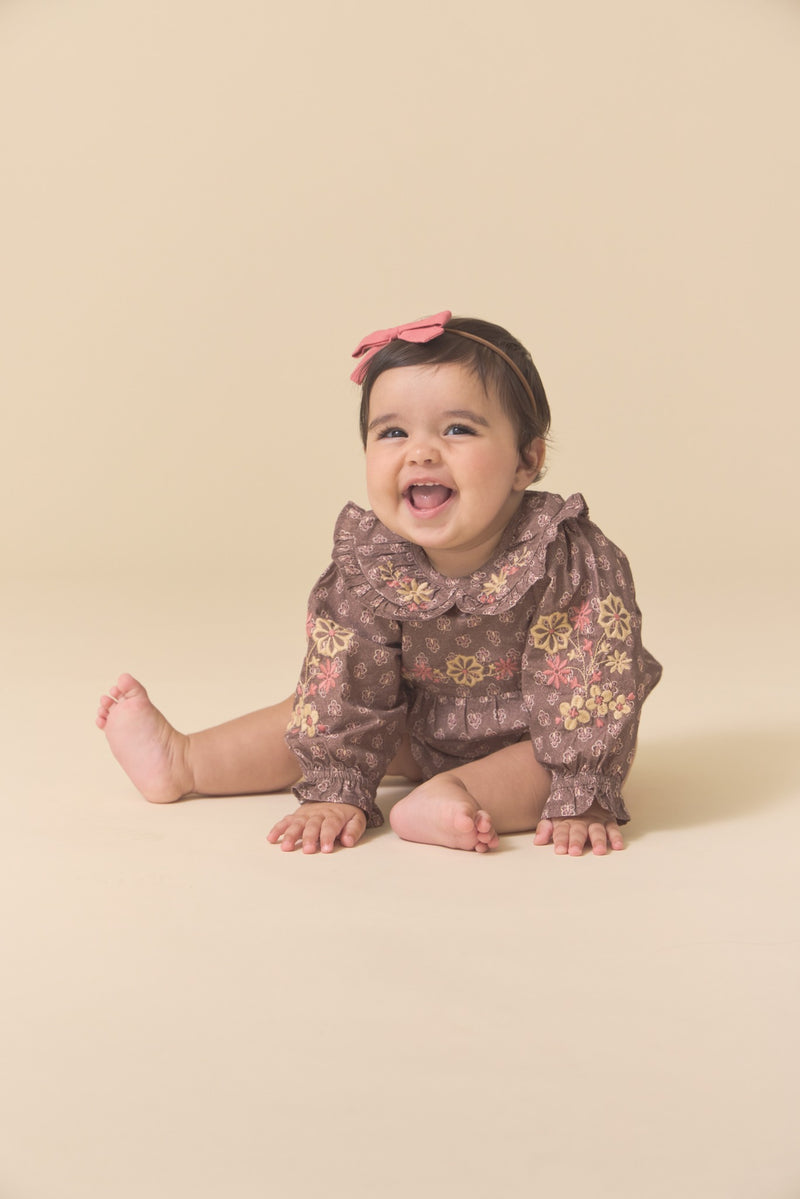 Little Belle Romper | Brown Block Print