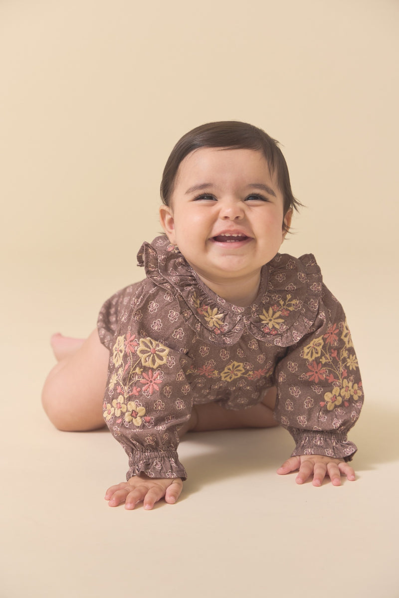 Little Belle Romper | Brown Block Print