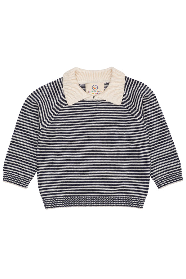 Merino Striped Blouse with Collar | Cream/Navy Stripe