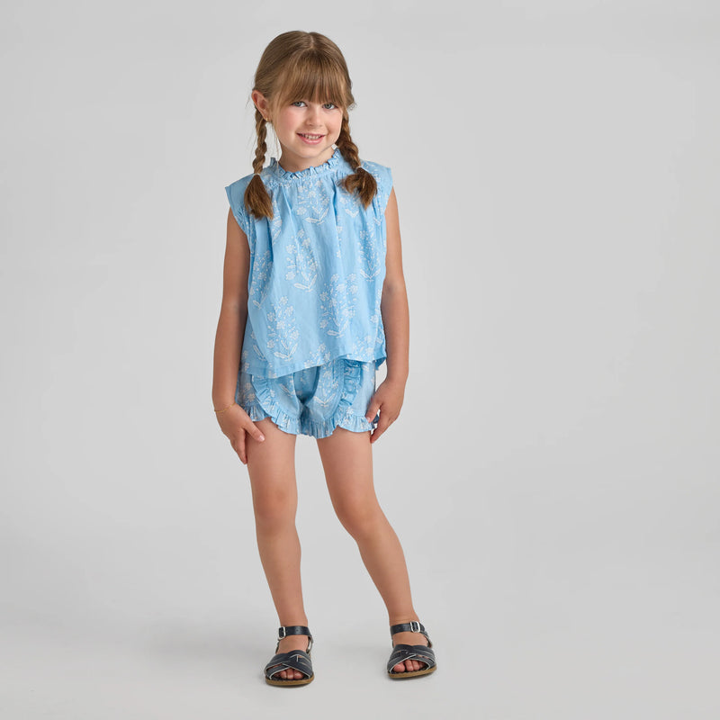 Girls Millie Ruffle Short | Blue Dewdrop Block Print | Marigold Modern Kids