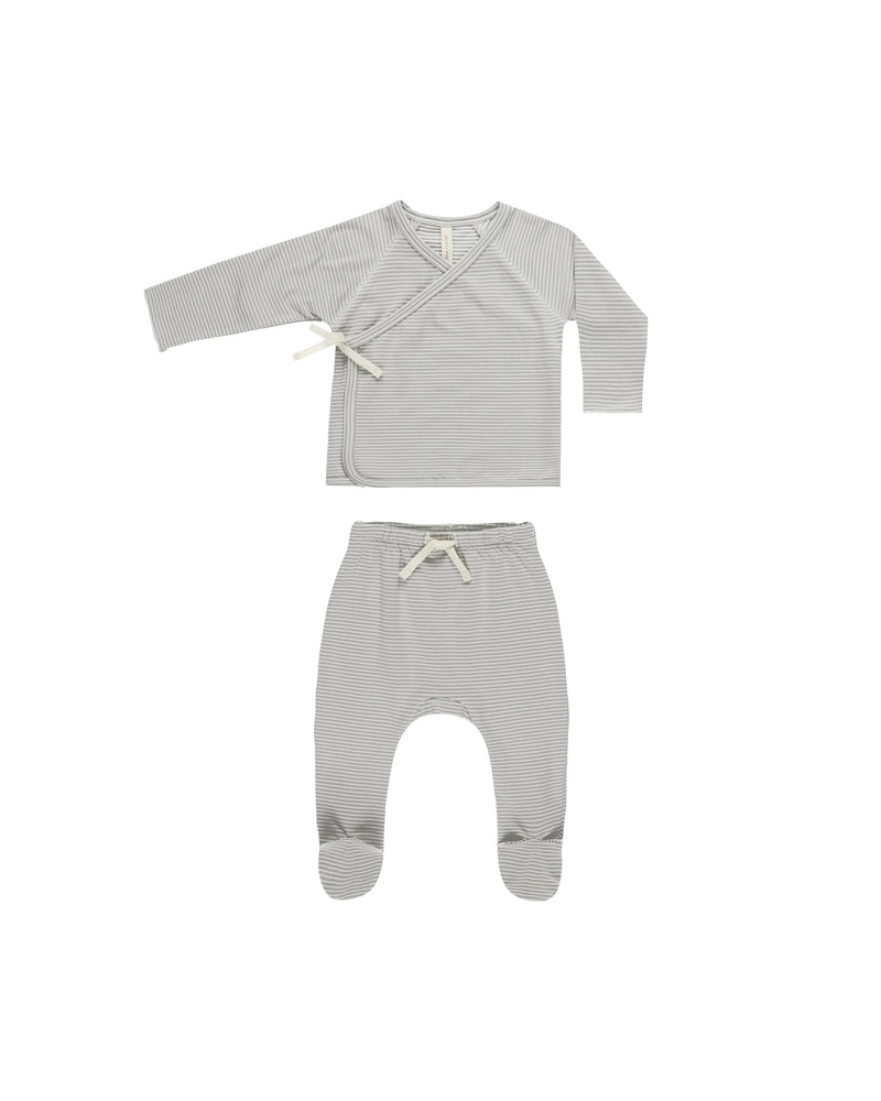 Wrap Top + Footed Pant Set | Blue Micro Stripe