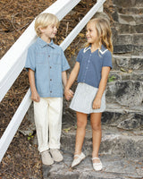 Pleated Denim Skirt | Railroad Stripe