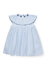 Seersucker Dress with Heart | Sky Blue with Cream Stripe with Ocean Blue