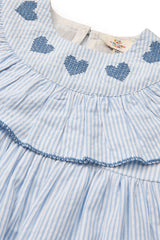 Seersucker Dress with Heart | Sky Blue with Cream Stripe with Ocean Blue