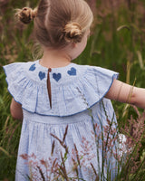 Seersucker Dress with Heart | Sky Blue with Cream Stripe with Ocean Blue