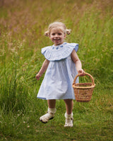 Seersucker Dress with Heart | Sky Blue with Cream Stripe with Ocean Blue
