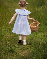 Seersucker Dress with Heart | Sky Blue with Cream Stripe with Ocean Blue