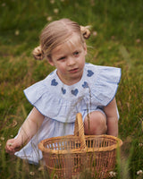 Seersucker Dress with Heart | Sky Blue with Cream Stripe with Ocean Blue