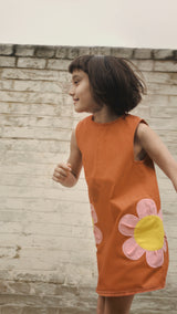 Girl Sleeveless Gabardine Dress with Flower Patches