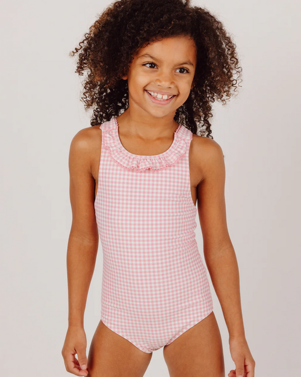 Pink Gingham Ruffle One Piece w/ Back Bows