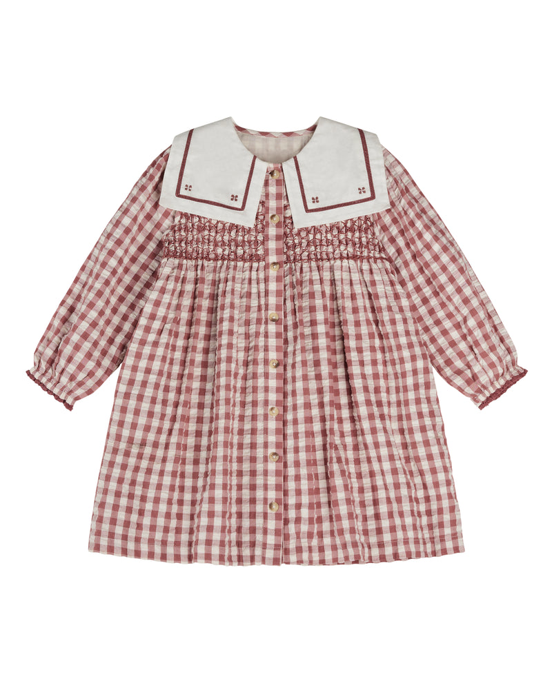 Smocked Sabrina Dress | Seersucker Gingham in Apple Butter