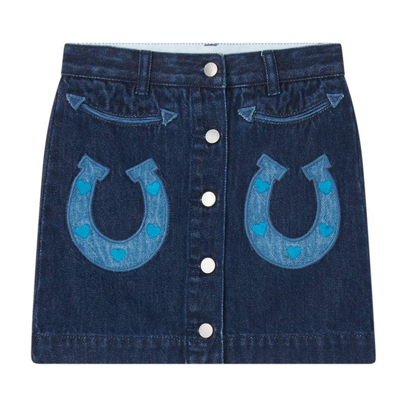 Denim Skirt With Horseshoe Embroidered Patches