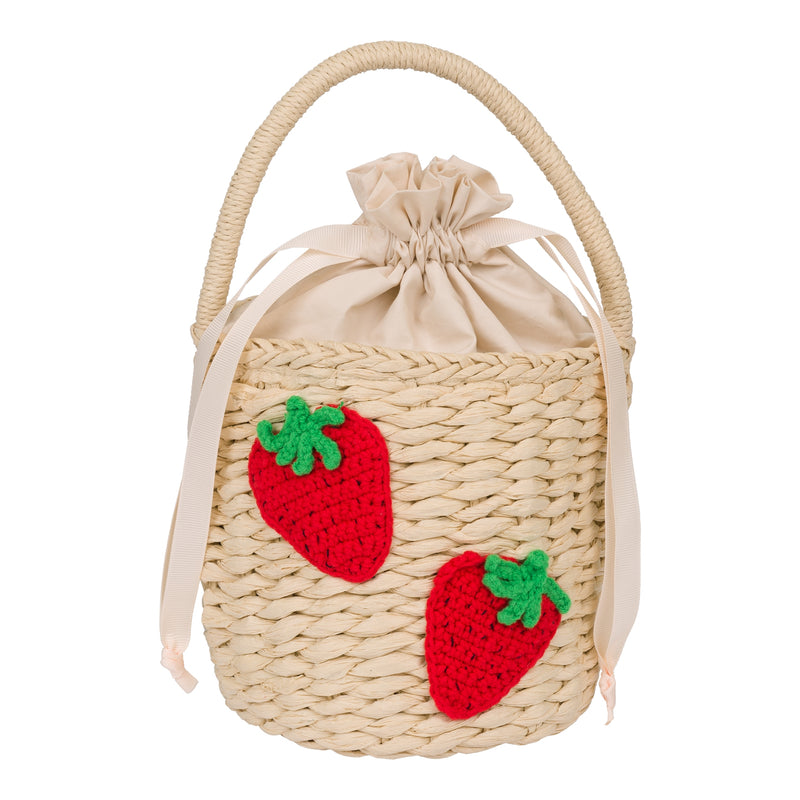 Girl Straw Bucket Bag with Strawberry Crochet Patch | Multicolor