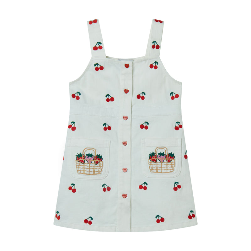 Girl Gabardine Dress | Cherries Embroidery